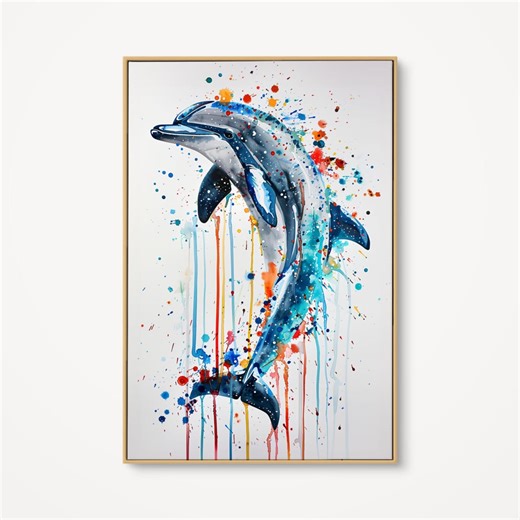 Dolphin Watercolor Wall Art, Colorful Marine Life Canvas, Splatter Art Dolphin Print, Modern Coastal Decor, Blue Aquatic Animal Portrait - Etsy
