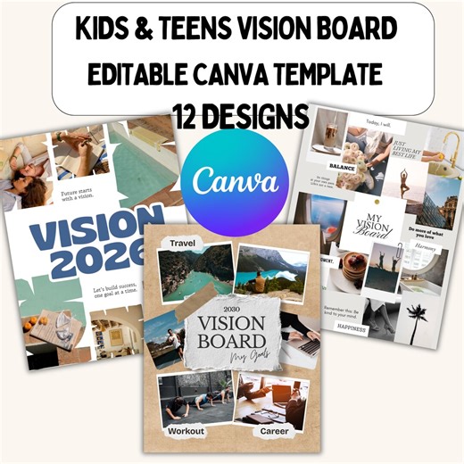 Kids Vision Board Printable Teens Vision Board Boys Girls Vision Board 2026, Editable Canva Template 12 Designs - Etsy