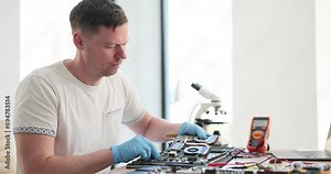 A man repairs a computer, close-up. Upgrade of equipment, replacement of components, slowmotion