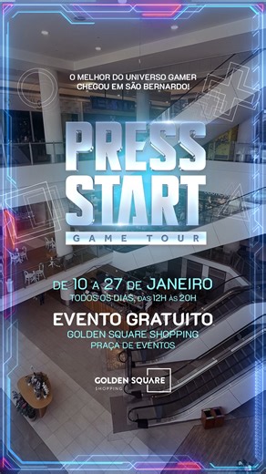 Golden Square Shopping on Instagram: "ALÔ, NAÇÃO GAMER! 🎮 O PRESS START: GAME TOUR chega em 2026 ao Golden trazendo uma experiência completa pra quem ama o universo gamer!! Prepare-se para dias cheios de diversão, tecnologia e muita interação! Durante o evento, o público vai poder aproveitar estações de jogos, palco gamer com telão de LED, jogos retrô, fliperamas, experiências em realidade virtual, simulador de cockpit, além de concurso cosplay e torneio de dança. Tudo pensado pra quem curte jo