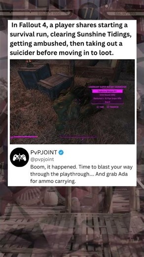 In Fallout 4, a player shares starting asurvival run, clearing Sunshine Tidings, #fallout4