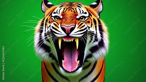 Roaring Tiger Close Up: A majestic tiger with striking orange and black stripes bares its teeth in a powerful roar against a vibrant green background.