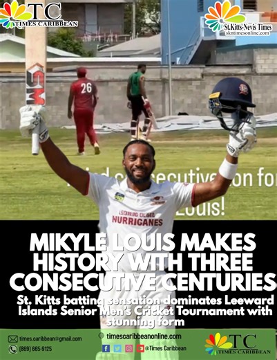 MIKYLE LOUIS MAKES HISTORY WITH THREE CONSECUTIVE CENTURIES 🇰🇳🏏🔥 =============================== St. Kitts batting sensation dominates Leeward Islands Senior Men’s Cricket Tournament with stunning form ----------------------------------------------------------- ST. KITTS — Cricket fans across the Federation are celebrating an extraordinary feat as Mikyle Louis continues his red-hot form, smashing three consecutive centuries in the Leeward Islands Cricket Board Senior Men’s Tournament. 🇰🇳👏