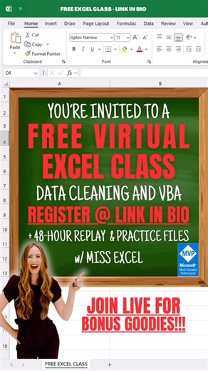 CheatSheets on Instagram: "Level up in Excel in one hour!!! 💃🏼 You’re invited to a FREE Excel class w/ Miss Excel! 🎉 Registration + Replay Access ➡️ Link in Bio 📚 Topic: Data Cleaning & Automating with VBA Macros ✏️ Short Description: In this free 1-hour power-packed session, you’ll learn Miss Excel’s hacks for Data Cleaning & VBA Macros to save you hours each week! 🔑 Key Takeaways: In just 1 hour, you will… 🧠Learn shortcuts to get rid of frustrating, messy data quirks! 🌱 Grow more confid