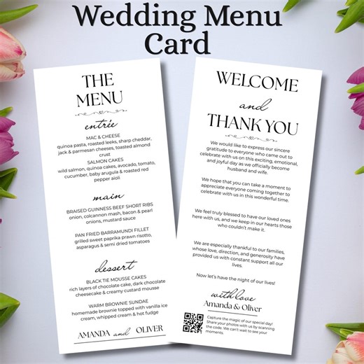 Wedding Menu & Thank You Cards With QR Code | Editable Place Cards Napkin Notes | Canva Template Printable | DIY Wedding - Etsy