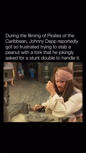 Explaining Films on Instagram: "While filming Pirates of the Caribbean, Johnny Depp grew so irritated trying to spear a single peanut with a fork that he jokingly called for a stunt double. The tiny background action kept spoiling takes, so Depp embraced the absurdity, turning it into an on-set joke that fit Jack Sparrow’s chaotic spirit. It’s a reminder that the toughest moments in filmmaking aren’t always the sword fights or explosions, but the smallest details repeated endlessly."