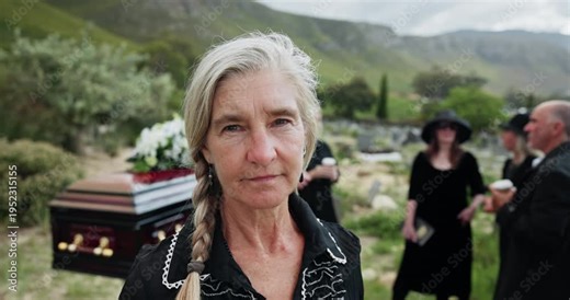Face, widow and old woman in funeral, death and grief for loss, ceremony and mourning with relatives. Outdoor, cemetery and senior person with community for burial, sad and service for farewell