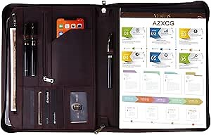 AZXCG Zippered Portfolio Folio, Leather Padfolio Folder with Notepad Holder, Business Organizer Ordner for A4 Notebook/12.9" Tablet, Personalized Gifts for Women/Men, Darkbrown