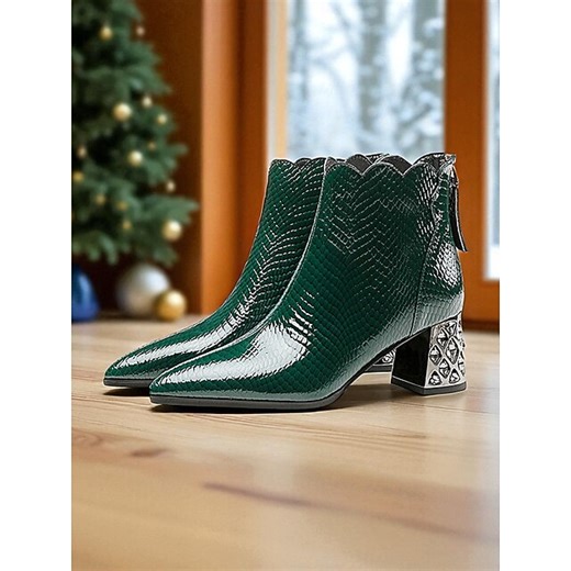 Women's Green Patent Leather Ankle Boots with Snakeskin Texture and Rhinestone Block Heels, Trendy Fashion Boots for Night Out, Parties & Everyday Outfits 2025