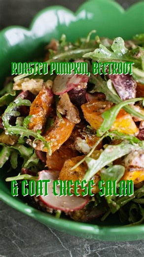 30 days of stunning salads continues with this bad boy It’s a classic and it’s amazing. Roasted Pumpkin, Beetroot & Goat’s Cheese Salad Serves: 3 I dunno Ingredients 1 small butternut pumpkin (about 500g), peeled and cubed 2 tsp extra virgin olive oil (EVOO) 1 tsp Italian herbs Salt and pepper Dressing 1 heaping tsp seeded mustard 1 tsp goat’s cheese oil or 2 tsp EVOO Juice of ¼ large lemon 2 tsp balsamic glaze (or if using balsamic vinegar, add 1 tsp honey) Salt and pepper, to taste Salad 2 lar
