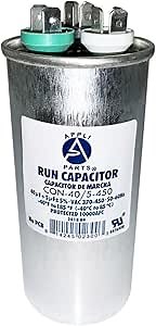 Appli Parts Dual Run Capacitor for ac 40+5 Mfd uF (microfarads) 370 VAC or 450 VAC CBB65 Round Universal fit for hvac and other applications 4-3/4 in High 2 in Wide CON-40/5-450