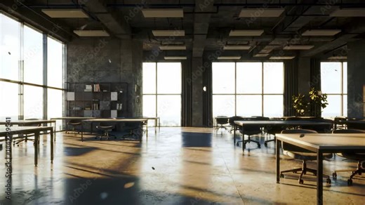 Open office space with desks, chairs and large windows creating modern workplace, sunlit office interior.