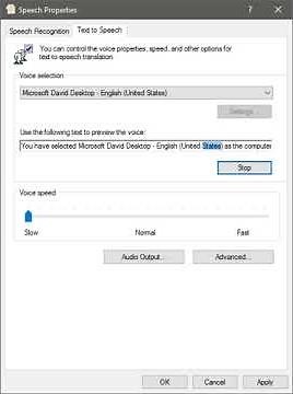 You have selected Microsoft David Desktop - English (United States) as the computer's default voice.