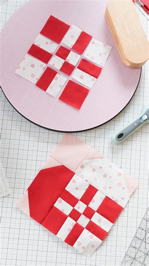 Amy Smart - Diary of a Quilter on Instagram: "A little slice ✂️ and switcheroo makes this simple 4-patch block look extra fancy. ☺️❤️ This disappearing 4-patch block is part of the Scandi Hearts quilt pattern. Comment Scandi if you’d like me to DM you the details. 💁🏻‍♀️ #diaryofaquilter #rileyblakedesigns #quiltingtipsandtricks #scandiheartsqal"