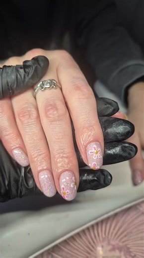 manifesting nicer weather with this set💗 loveee the @NailsByCodie rubber base in Strawberry Cream💕💕 thr glitter polish over top is glass slipper from @Nail Order #nailsbycodie #nailsbycodiebuildergel #liverpoolnailtech #summernails #fyp