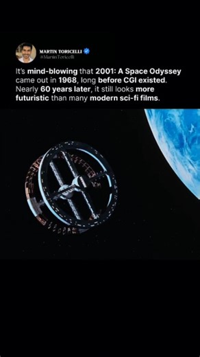 Martin Toricelli on Instagram: "2001: A Space Odyssey is one of the most influential sci-fi films ever made, directed by Stanley Kubrick and released in 1968. What makes it so remarkable is how far ahead of its time it was. The film explores humanity’s evolution, artificial intelligence, and the vastness of space in a way that still feels modern. Its visuals are legendary—Kubrick used miniature models, innovative motion-control photography, and a technique called front projection to create reali