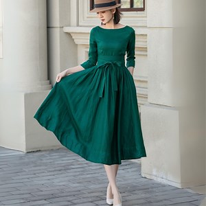Green Linen Midi Dress: Bow Tie Waist, Flowy A-line, Xiaolizi 5721 - Etsy