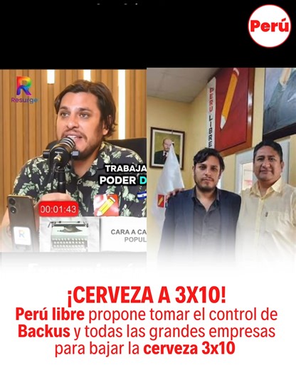 ¡Propuesta explosiva! 🇵🇪 Gino Román, candidato de Perú Libre, desató una fuerte p0lémica en redes sociales tras anunciar que, de llegar al poder, impulsará la expropiación de todas las grandes empresas del país 🏢🔥, al asegurar que el sector privado ha sido “ineficiente” en la gestión de servicios y poner como ejemplo la eventual expropiación de Backus para que el pueblo acceda a beneficios populares, incluso mencionando cerveza a “3 por 10 s0les” 🍻, afirmando con contundencia que “las empre
