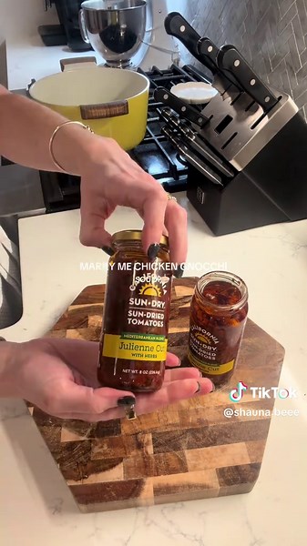 Recipe: 3 cups shredded rotisserie chicken 3 cloves minced garlic 3/4 cup chopped sun dried tomatoes 1 diced yellow onion 4 cups low sodium chicken broth 16 oz potato gnocchi (I got the mini ones!) 1 cup heavy cream 1 cup grated parmesan cheese 2 big handfuls of Spinach Italian Seasoning Olive Oil Salt   Pepper •Prepare your ingredients! Shred Rotisserie Chicken, Dice Onion, Mince Garlic, Chop Sun dried tomatoes •Add olive oil to soup pot. Add the Diced Onion and Minced Garlic. Sauté for 3-4 min