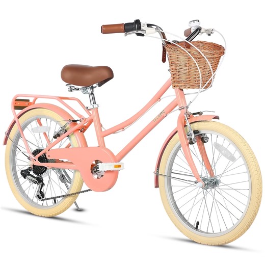 Glerc Missy 20" Girl Cruiser Kids Bike Shimano 6-Speed Teen Hybrid City Bicycle for Youth Ages 6 7 8 9 10 11 12 Years Old with Wicker Basket & Rack, Peach