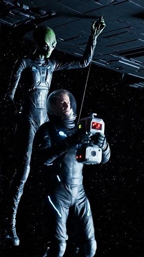 Alien and human grab the drifting bot just before it vanishes into space's dark void.