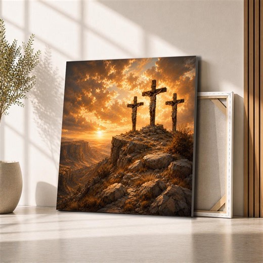 Three Crosses Canvas Art | Dramatic Sunset Crucifixion Painting, Christian Faith Decor - Etsy