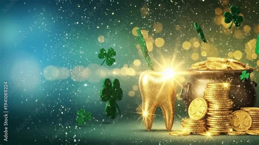 Golden tooth and pot of gold with coins on St. Patricks Day. Dental care and lucky charm for a healthy smile. Holiday celebration.