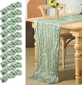 GARENY 10 Pack Sage Green Cheesecloth Table Runner 120 Inch 10 FT Boho Gauze Cheese Cloth Table Runner for Spring Bridal Baby Shower Wedding Birthday Party Holiday Centerpiece for Home Decorations