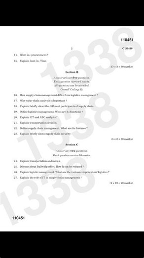 CALICUT UNIVERSITY BBA 6TH SEMESTER SUPPLY CHAIN AND LOGISTICS MANAGEMENT QUESTION PAPER 2022
