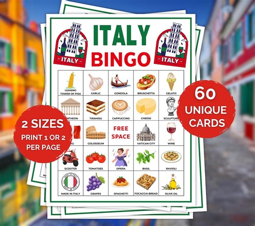 60 Italien Bingokarten, Italien Bingo druckbare, italienische Thema Party Aktivität, Italien Geburtstagsfeier, Reise Bingokarten, Italien Bingokarten - Etsy.de