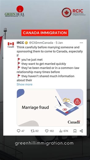 IRCC NEWS CANADA on Instagram: "⚠️ IRCC Advisory on Marriage Sponsorship Spousal sponsorship is a serious legal responsibility, not just an emotional decision. IRCC is reminding Canadians and permanent residents to stay alert to warning signs that could indicate marriage fraud, including rushed timelines, limited personal transparency, or repeated sponsorship histories. Entering a fraudulent or non-genuine marriage can lead to serious consequences such as application refusal, loss of status, fin