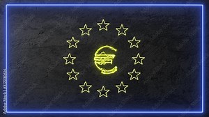 Stylized European Union sign in neon glow on dark wall background