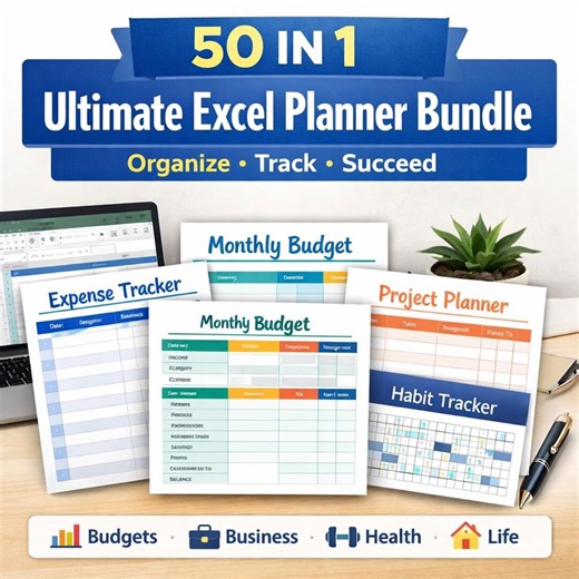 50 Excel Planner Templates Bundle | Budget, Business, Productivity & Life Organizer | Printable PDF - Etsy Canada