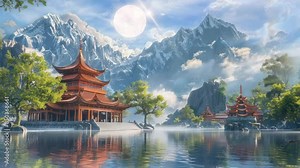 A very beautiful temple located on the edge of a lake with a very stunning mountain backdrop. seamless looping time-lapse virtual 4k video Animation Background.