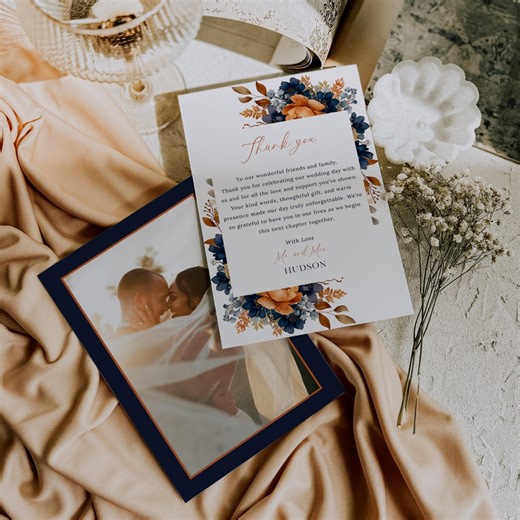 Navy and Orange Wedding Photo Thank You Card | Fall Burnt Orange Floral Thank You Note | Printable Terracotta Thank You Template | C6 - Etsy
