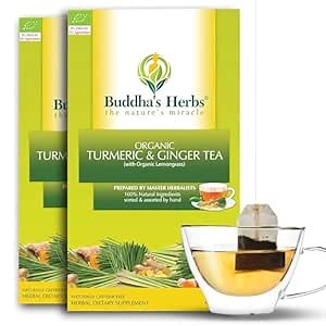 Organic Turmeric & Ginger Tea Bags (Pack of 2, 44 Tea Bags)- Caffeine Free Tea Bags for Digestive & Immune Health Support - Organic Herbal Tea Bags w/Lemongrass Blend - Ideal Tea Gifts for Tea Lovers