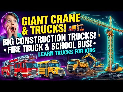 GIANT CRANE & TRUCKS! 🚚🏗️ • BIG CONSTRUCTION TRUCKS! • FIRE TRUCK & SCHOOL BUS! • LEARN
