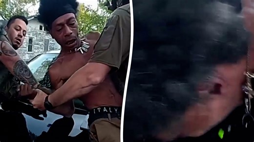 Shocking moment man 'bites police dog' as officers try to arrest him