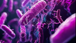 A close-up microscopic view of pink bacteria, showing their detailed structures and the way they move