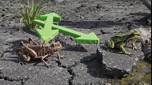 An animated diagram on cracked earth illustrates a food chain, showing the energy flow from grass to a grasshopper, frog, snake, and finally an eagle