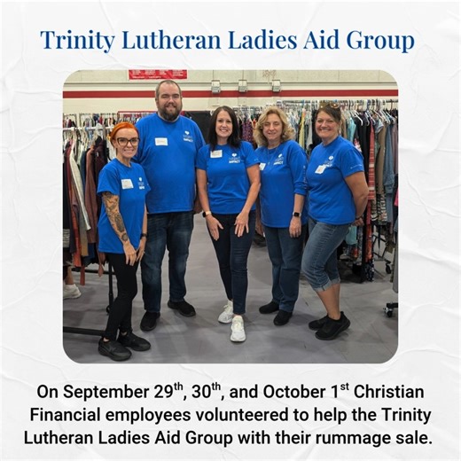 On September 29th, 30th, and October 1st Christian Financial employees volunteered to help the Trinity Lutheran Ladies Aid Group with their rummage sale for Trinity Utica. Volunteers assisted with the intake of items from the public for the sale, setting up tables and displays of items for sale, and organizing the displays and donations. Thank you, Christian Financial employees, for your continuous efforts to make a difference within the communities we serve! #MakeAnImpact | Christian Financial 