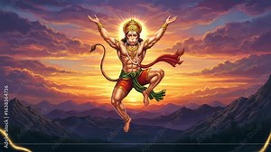 A vibrant portrayal of Hanuman in a dynamic pose against a sunset.