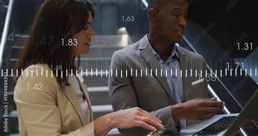 Woman tapping keypad while man typing laptop, activating waveform and numbers for business review