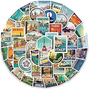BEATRI World Travel Stickers 50Pcs Waterproof Vinyl Travel Map Stickers for Suitcase, Bicycle, Laptop, Water Bottle, Notebooks, Journaling, Scrapbooking (World Travel Stickers)