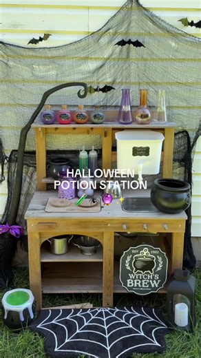 Potion station season is officially here 🧪🔮✨ Turned our mud kitchen into a spooky Halloween potion station and my kids had SO much fun making their own potions! 🕷️🦇 Save this for a spooky activity to try with your kids & follow along for more Halloween fun! 🎃✨ #halloween #toddleractivities #spookyseason #halloweenactivities #halloweenideas