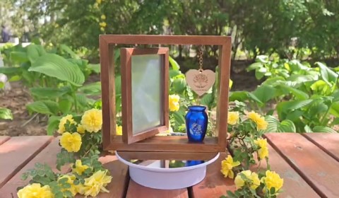 Memorial Picture Frame and Small Urn Set,Mini Cremation Keepsake Urn for Loss of Loved One Sharing,Frame Hold a 4’’-6’’ Photo,little urn for Human ashes with picture frame and Brown Wood Photo Frame
