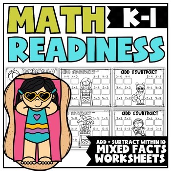 1st Grade | Math Readiness Kindergarten Review | Worksheets | Beach Theme