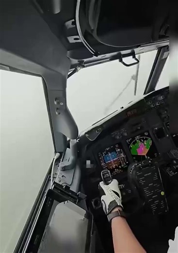 A zero visibility landing is captured from the flight deck of a Boeing 737
