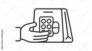 Pharmacy delivery icon animation. Animated line hand giving pills package. Medical courier service. Health care. Loop HD video with alpha channel, transparent background. Outline motion graphic