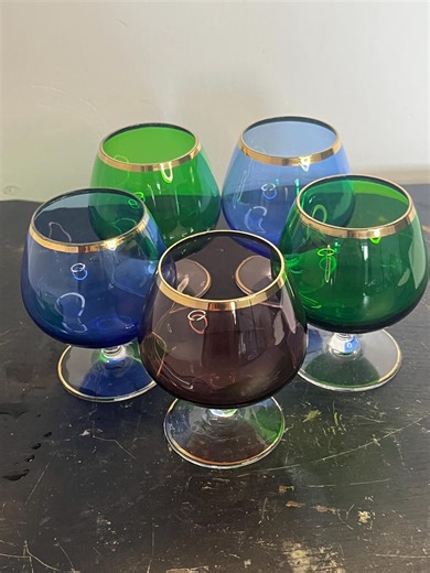 Vintage Colored Brandy Snifter Glasses Set of 5| Gold Rim Cognac Glasses | Mid Century Modern Barware | Retro Glassware Gift - Etsy